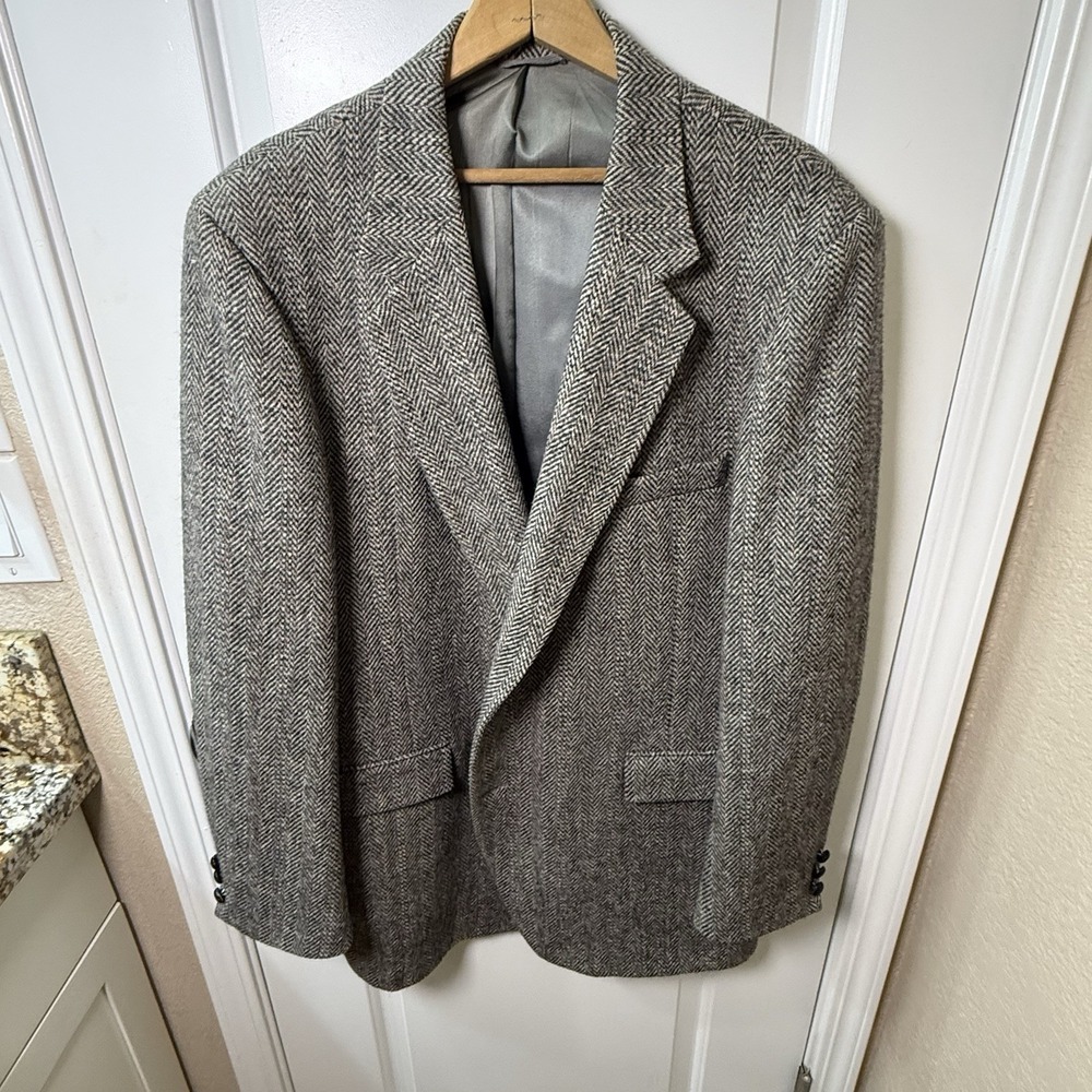 Vintage Banker’s Hall Harris Tweed Blazer Mens 46R Gray Herringbone Wool